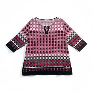 Susan Graver 3X Pink Black Geometric Print Tunic Top V-Neck Gold Clasp Stretch